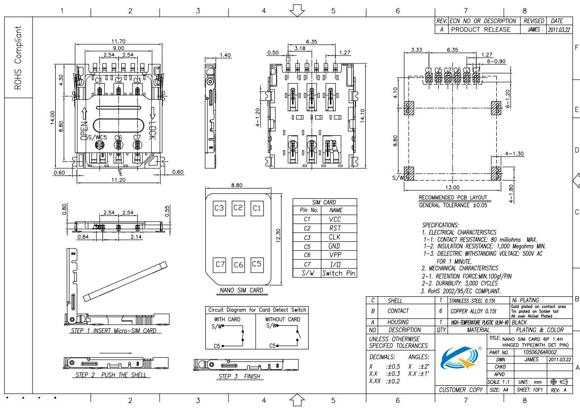 翻蓋式6P常開檢測卡座圖紙