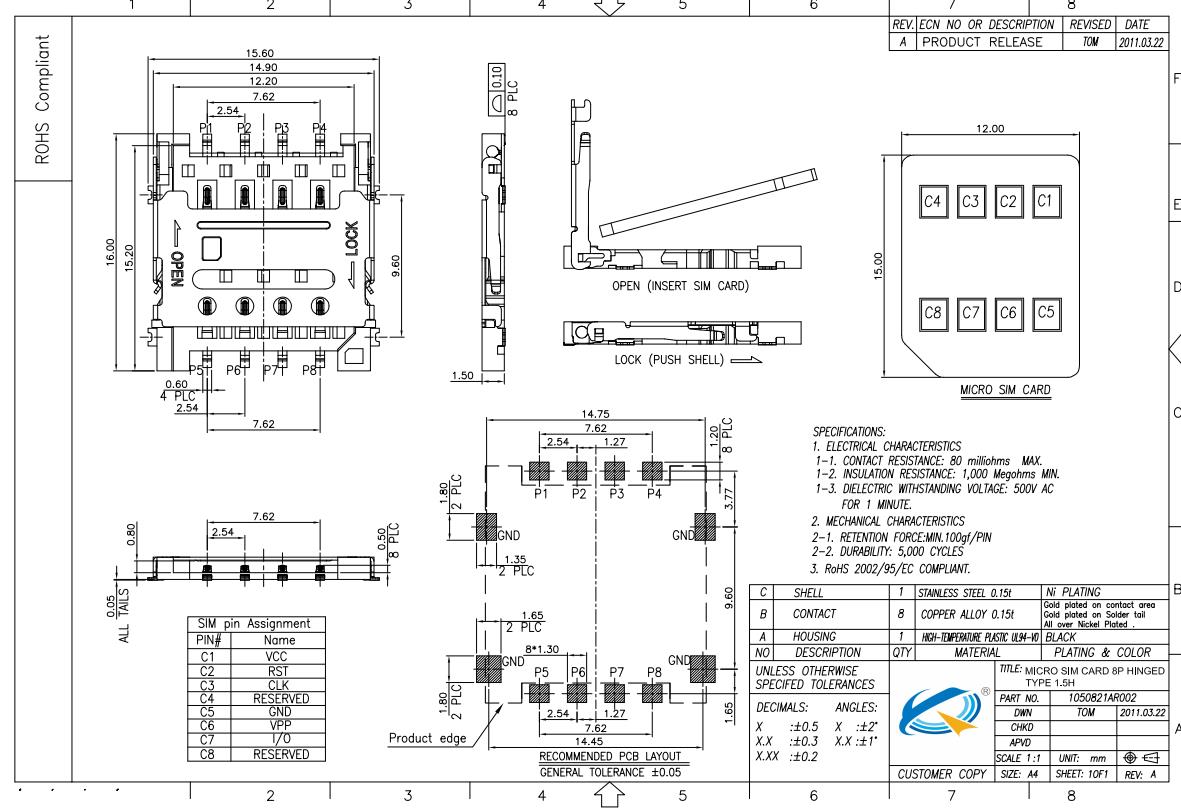 翻蓋式8P1.5H雙排SMT卡座圖紙