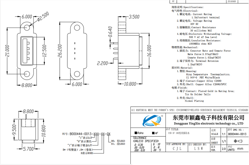 USB 2.0防水母座 180度直插帶翅膀螺孔 全塑包膠 直邊黑膠圖紙