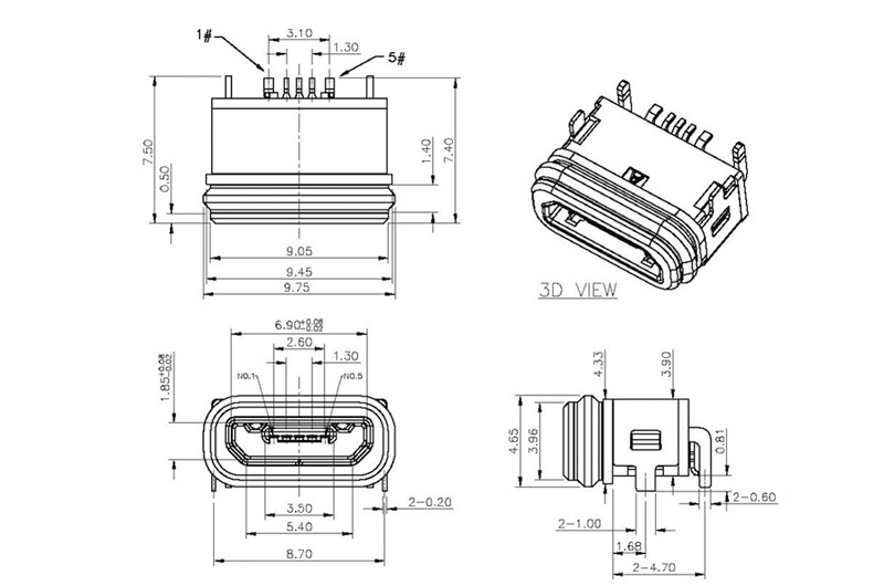 黑色立式180度 防水MICRO USB母座圖紙