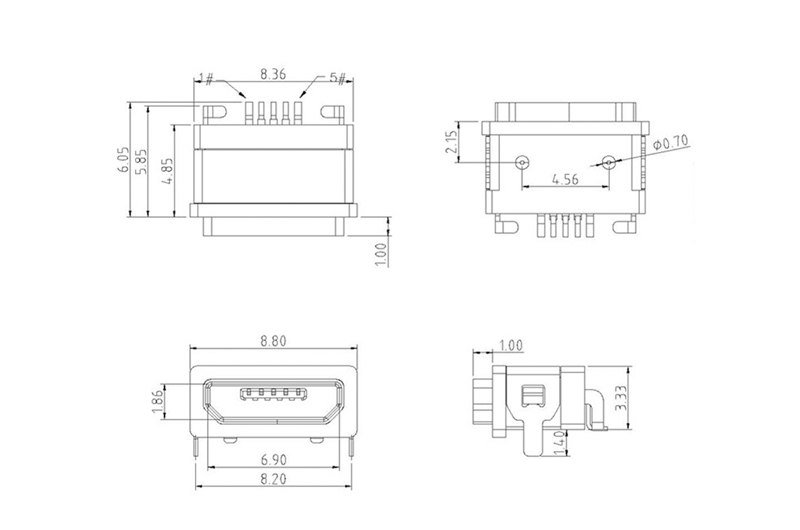 短體超薄插腳主體高度3.3mm防水MICRO USB母座圖紙