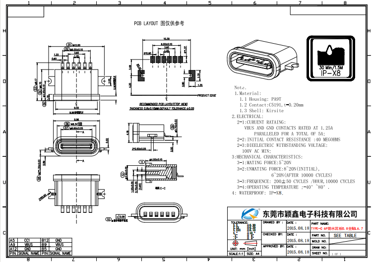 6P防水L6.7沉板0.8全貼鋅合金TYPE-C母座圖紙