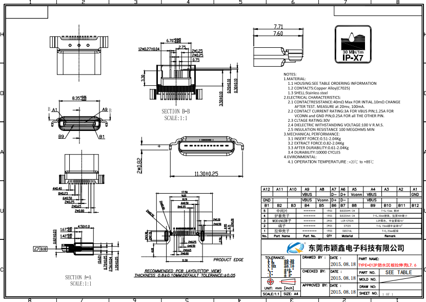 TYPE-C12P防水沉板母座拉伸殼H7.6圖紙